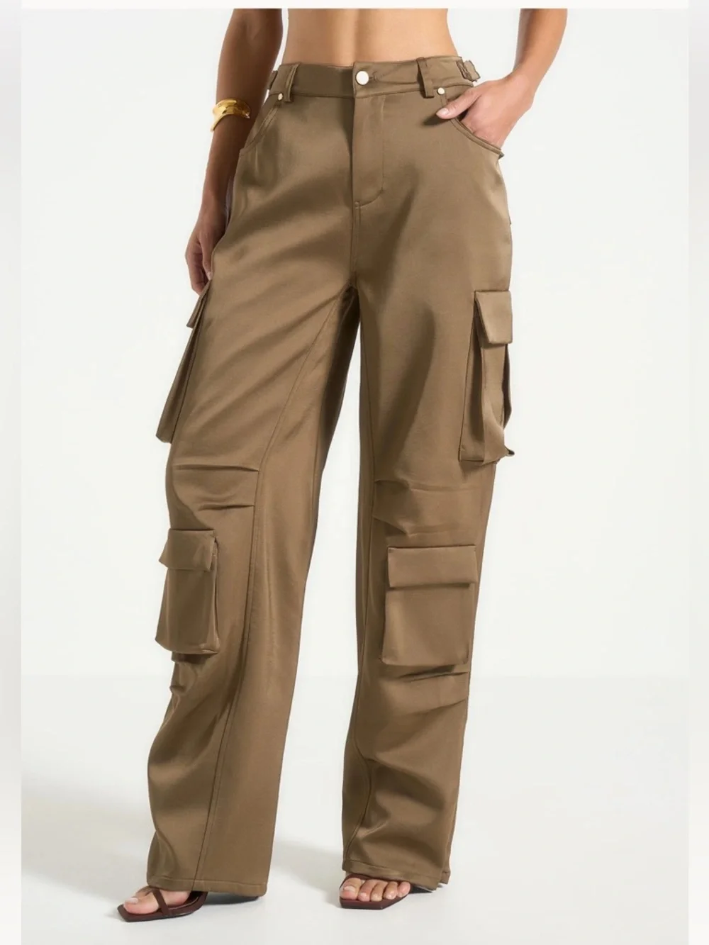 Maniere De Voir Emilie Satin High Waisted Cargo Pants Dark Olive Wide Leg Zip 0 - Picture 3 of 17